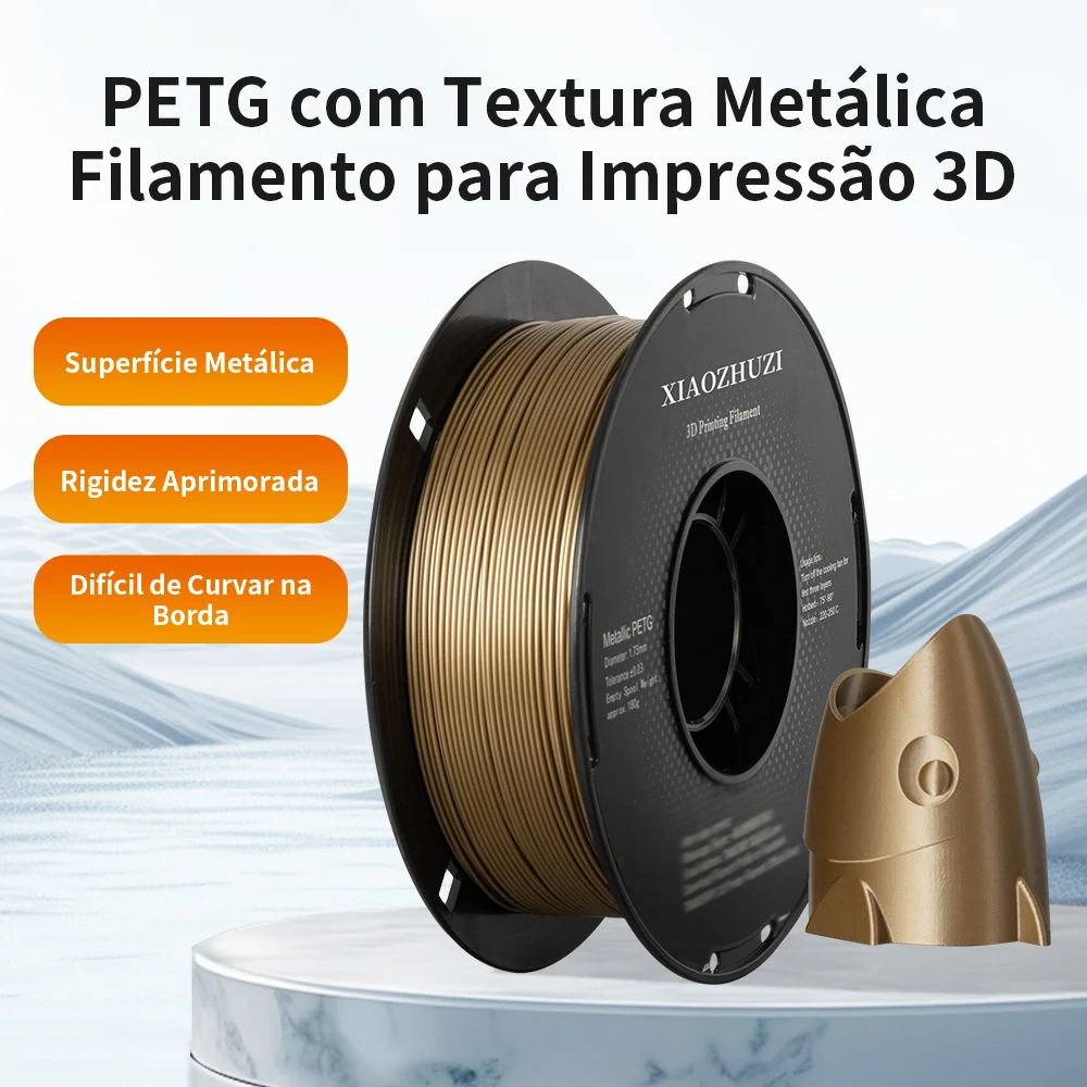 XIAOZHUZI-Filamento PETG para impressão 3D, 1,75 mm, 1 kg, acabamento metálico brilhante, disponível em cinza/dourado/prateado.