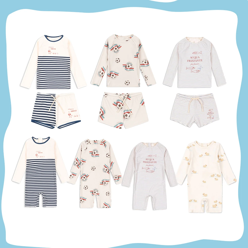 New KS Style Baby Rash Guard Swimsuit Striped Soccer & Duck Print Long Sleeve Swimwear Set Toddler Boys Girls Bathing Suit