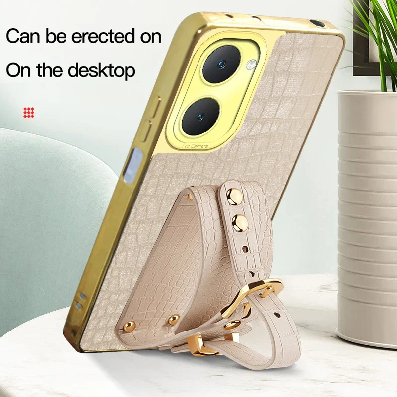 

Чехол для телефона из искусственной кожи с текстурой крокодила для Vivo Y16 Y18e Y19S Y03T Y18i Y17s Y02 с ремешком на запястье и подставкой, мягкий чехол для телефона