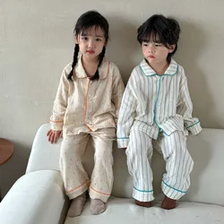 2023 Autumn Kids pajamas set Floral Vertical stripe Yarn cotton long sleeve sleepwear Girls Boys casual Home Wear