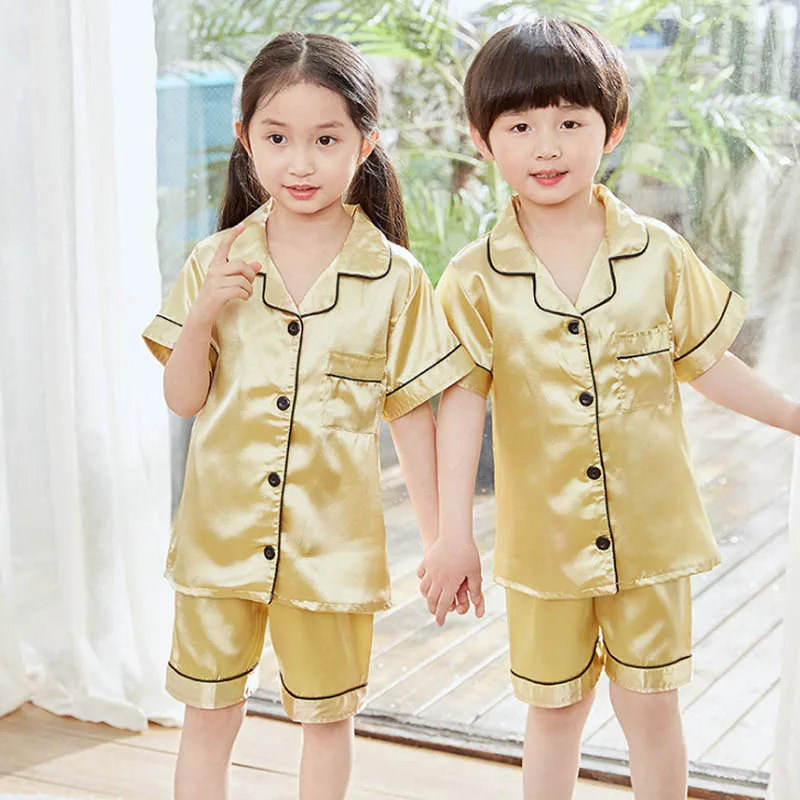 2024 Children Pajamas Sets Satin Silk Boy Pijama Toddler Girl Pyjama Navy Blue Night Clothing Kids Lounge Wear Summer Short Pjs