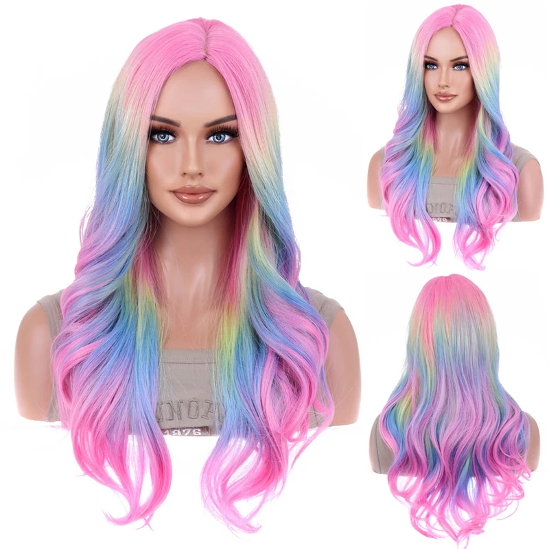 Long Wavy Pastel Rainbow Hair Wigs for Women MultiColor Synthetic Wig Heat Resistant Cosplay Wig Party Halloween Colorful