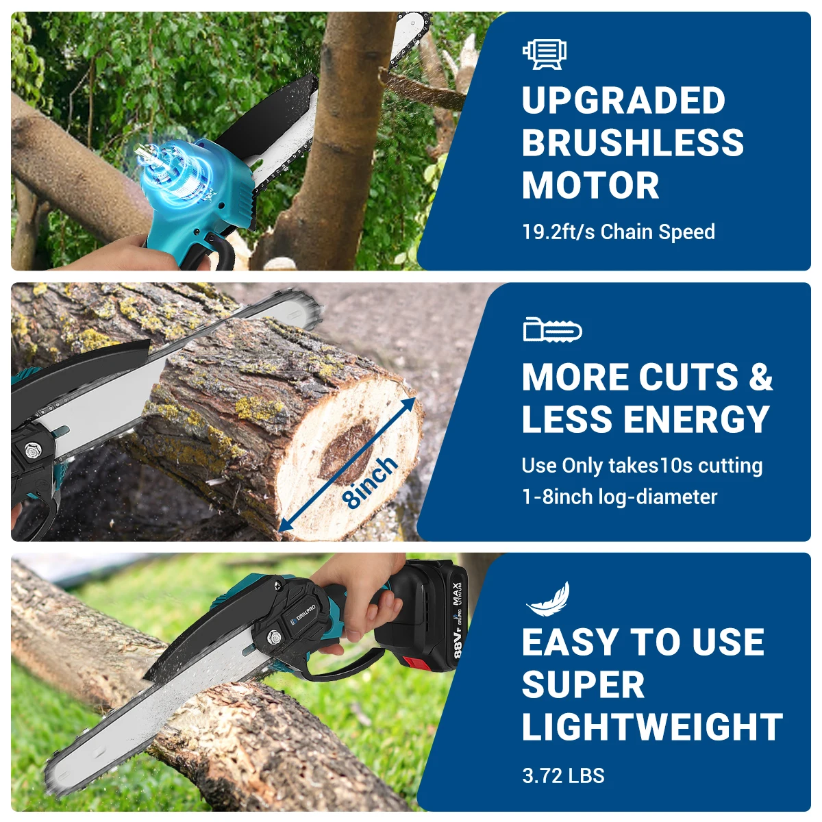 Drillpro 8 Inch Brushless Chain Saw Mini Handheld Pruning Chainsaw Woodworking Electric Saw Cutting Power Tool forMakita Battery