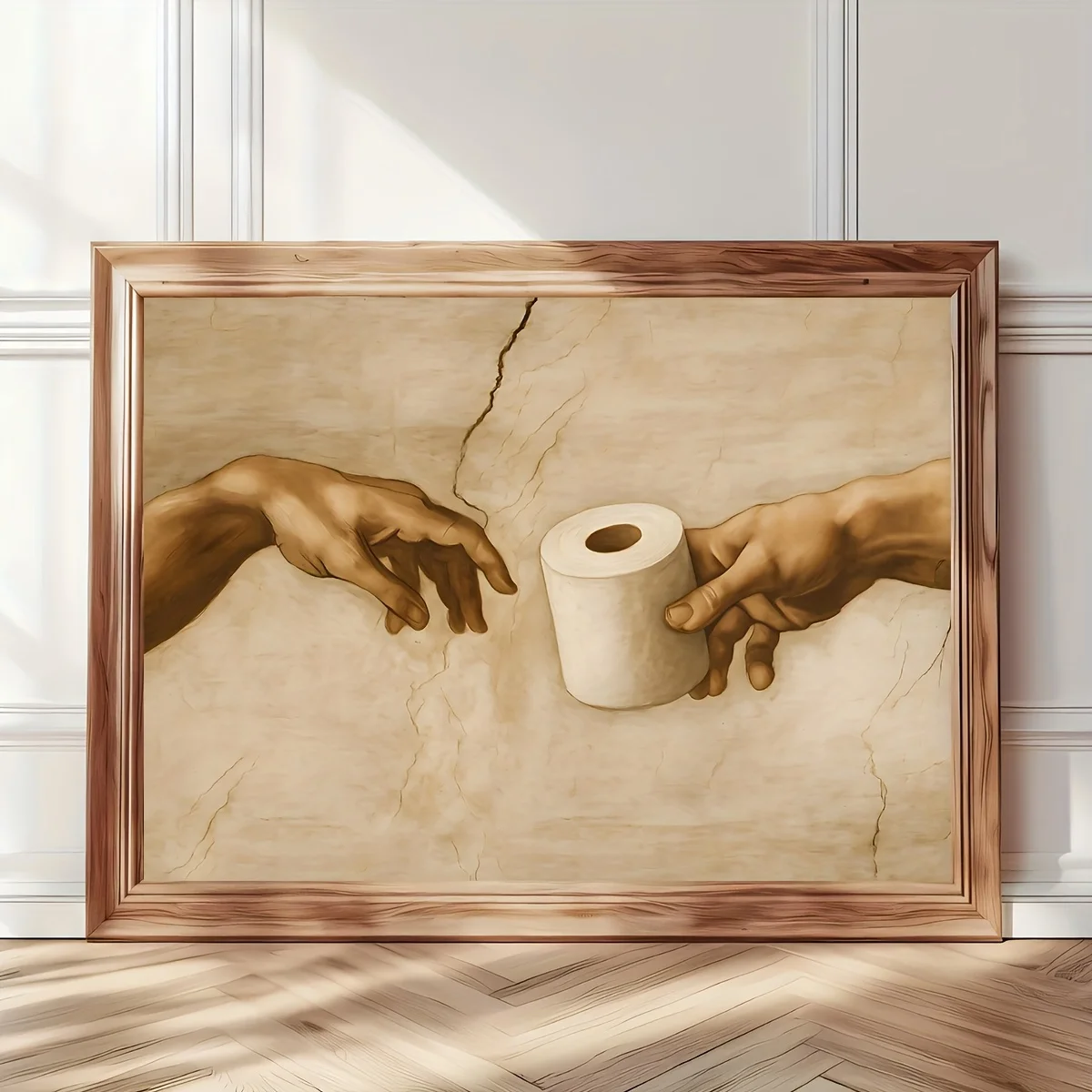 2D Flat, 2D Flat, A Frameless Fun Michelangelo Bathroom Art, Humorous Toilet Paper Canvas Painting, Creative Wall Art, Birthd