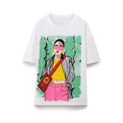 Tangada Women Pink Glass Gril Print Cotton T Shirt Oversized Short Sleeve Female Loose Shirt Wear Top 6H0278