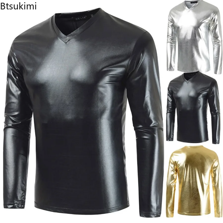 

New Men's Shiny Metallic T-shirts Casual V Neck Long Sleeve Pullover Tops Fashion Slim Stage Costume Disco Party NightClub Tees