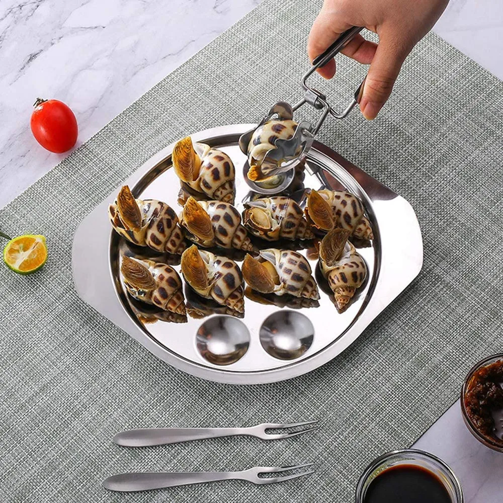 

Stainless Steel Snail Escargot Plate Set with Tong and Forks and Round Mushroom Escargot Serving Tray Kitchen Tool