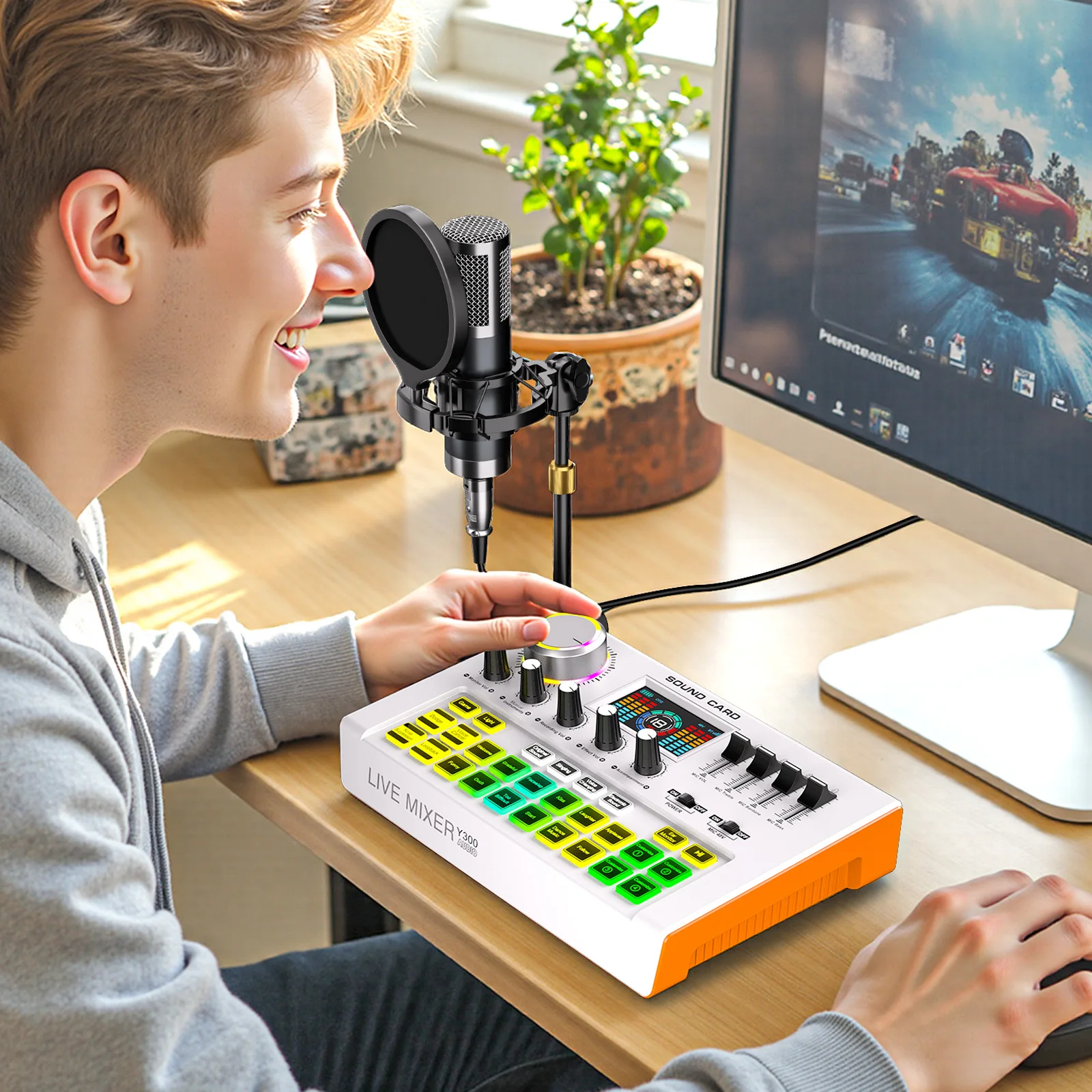 Tenlamp Y300-P15B Podcast Microphone Bundle with Live Sound Card