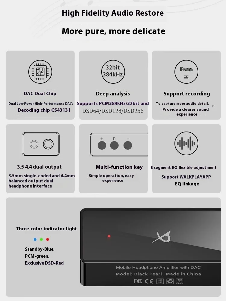 TRN Black Pearl Portable Hi-Fi Digital Audio Decoder DAC 3.5+4.4 Output Dual CS43131 PCM 384kHz 32Bit DSD256 Earphone Amplifier