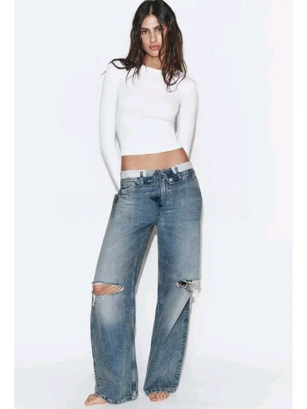 Spring Summer Women's Casual Metal Button Zipper Flip-Up Waist Jeans mid Waist Loose Fit Denim Pants Blue Polyester Fiber