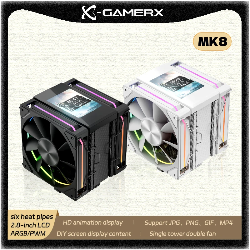 

Power Train X-Gamerx Fengbo MK8 ARGB air cooler cpu cooler six heat pipe PWM single tower double fan 2.8-inch LCD screen DIY