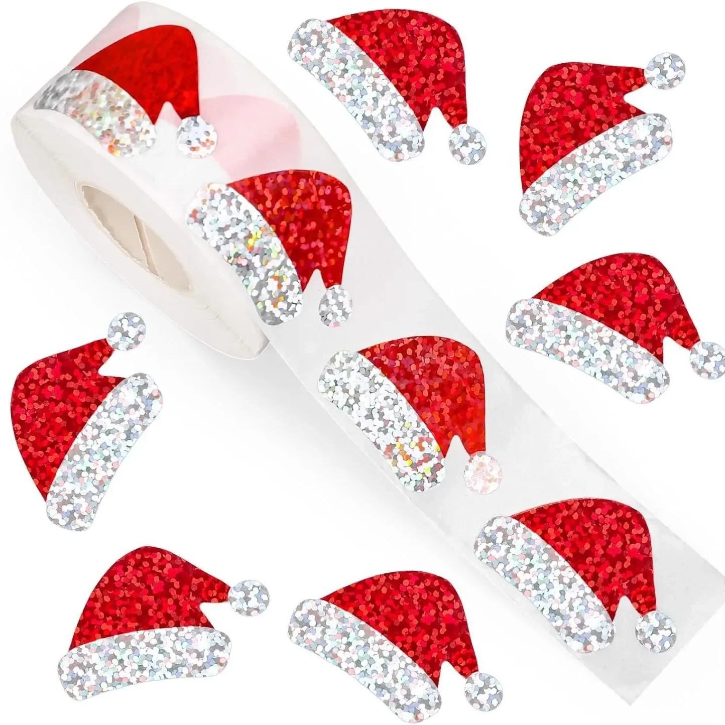 500Pc Christmas Hat Stickers Roll Laser Red Santa Hat Seal Stickers 3Cm Xmas Decals For Envelope Journal Holiday Party Packaging