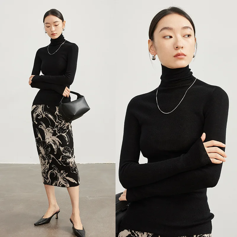 2025 Women's Fashion Autumn/Winter New Light Luxury 18 Needle Seamless Knitted 100% Wool High Neck Solid Color Base Sweater