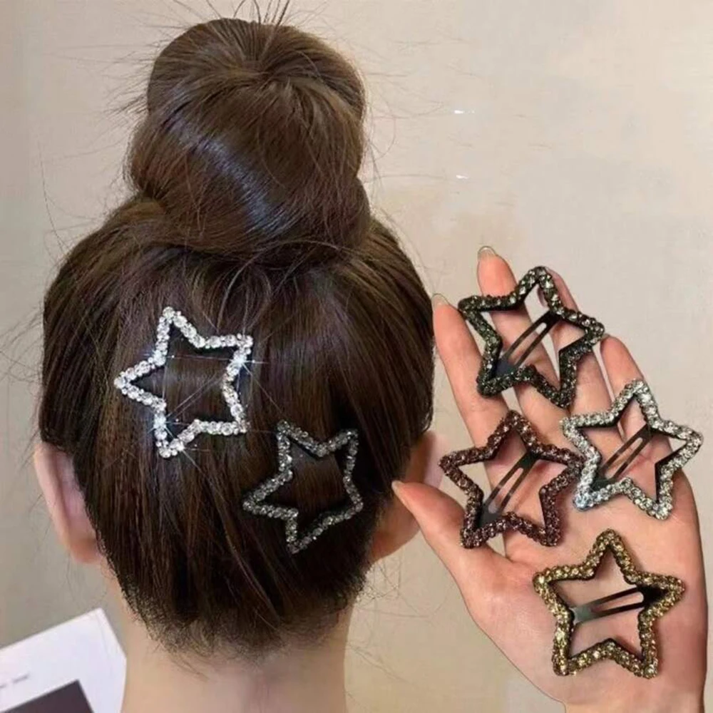 4Pcs Fashion Shiny Rhinestone Hair Clips, Simple Five-Pointed Star/Heart/Wave Hair Accessories, Snap-On Hair Clips Headdress view 2