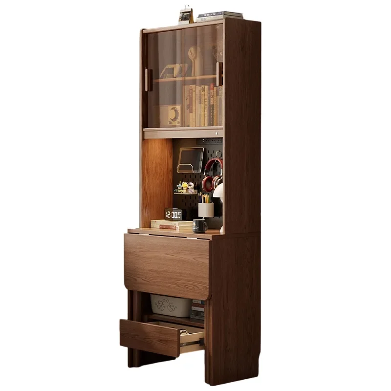 Solid wood retro folding desk bookcase, small household integrated wall desk bookshelf