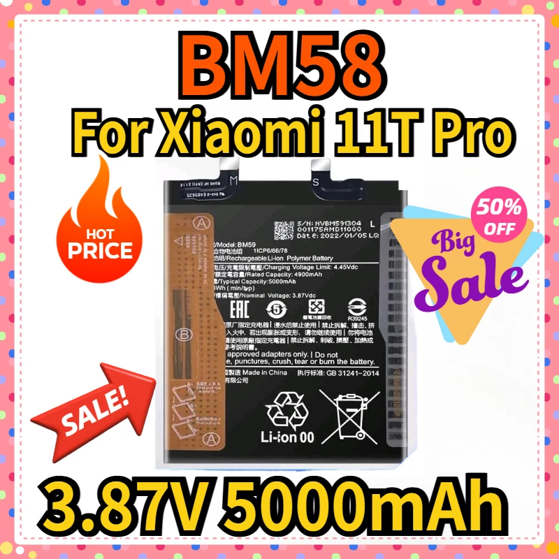 

3.87V For Xiaomi 11T Pro 11TPro Battery BM58 Phone Battery 5000mAh Replacement Batteries