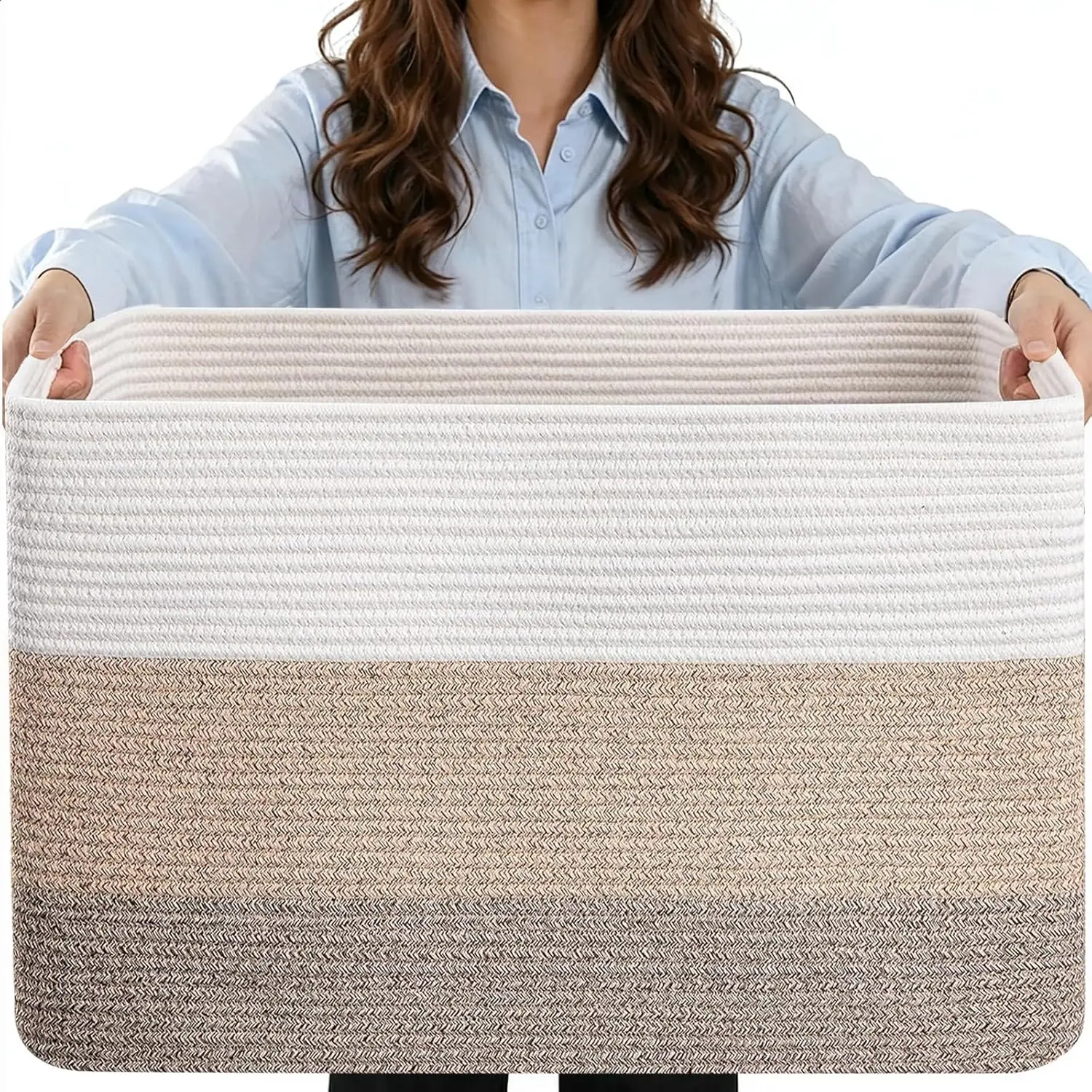 75L Large Woven Storage Basket, Cotton Rope Laundry Hamper with Handles, 22”x17”x12” RecBlanket Basket for Toys, Clothes, Pillow