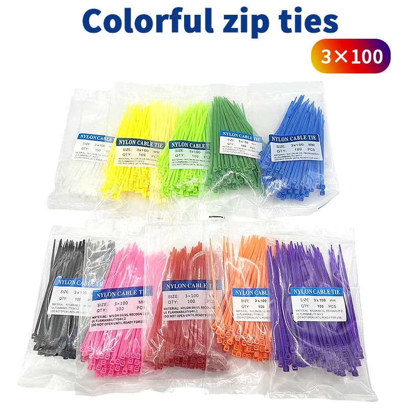100PCS Cable Management Kit 3*100mm Nylon Zip Ties Self Locking Wire Ties for Home Office Car Electrical Organizing 10 Colors