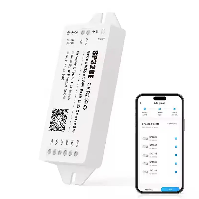 

DC5-24V SP328E Bluetooth Mesh LED Controller – 260M Frame Sync Range, App Control, Music & DIY Mode for LED Light Strips