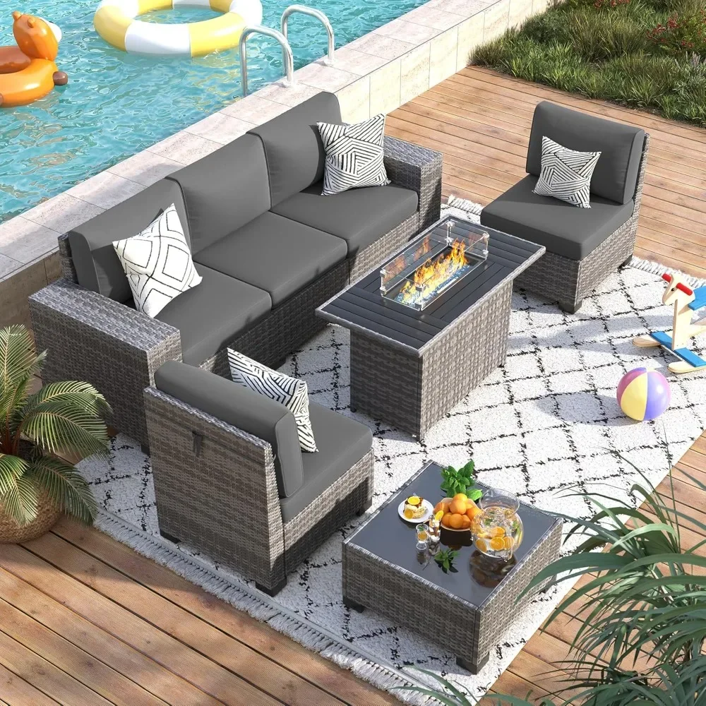 7 Piece Patio Furniture Set with Fire Pit Table, Outdoor Conversation Sets Wicker Rattan Sectional Sofa with Coffee Table