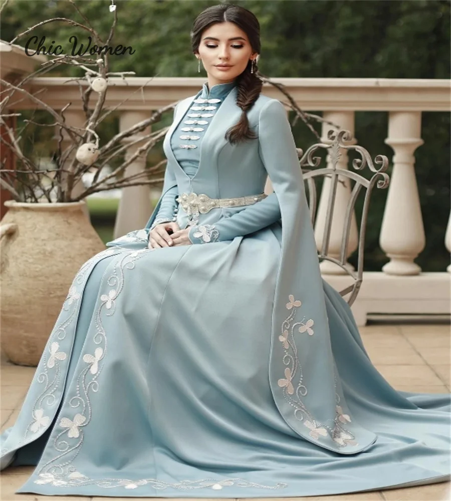 Blue Turkish Muslim Wedding Dress Saudi Arabic Long Sleeve Abaya Bridal Dress Kaftan Moroccan Gatsby Aesthetic Bride Customized