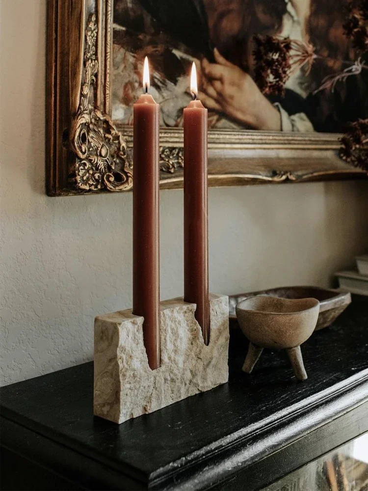 

2 Holes Marble Candlestick Holder for Wedding Dinning Party Vintage Travertine Stone Taper Candle Holder for Table Centerpiece