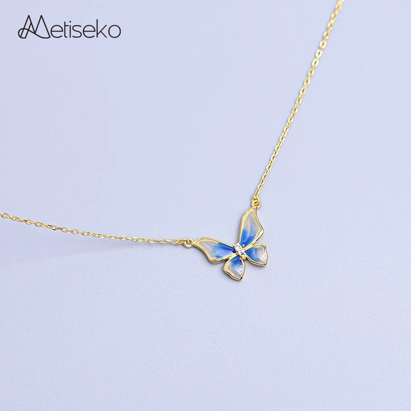 Metiseko 925 Sterling Silver 14K Gold Plated Choker Necklace Gradient Blue Butterfly Pendant French Style Necklace for Women