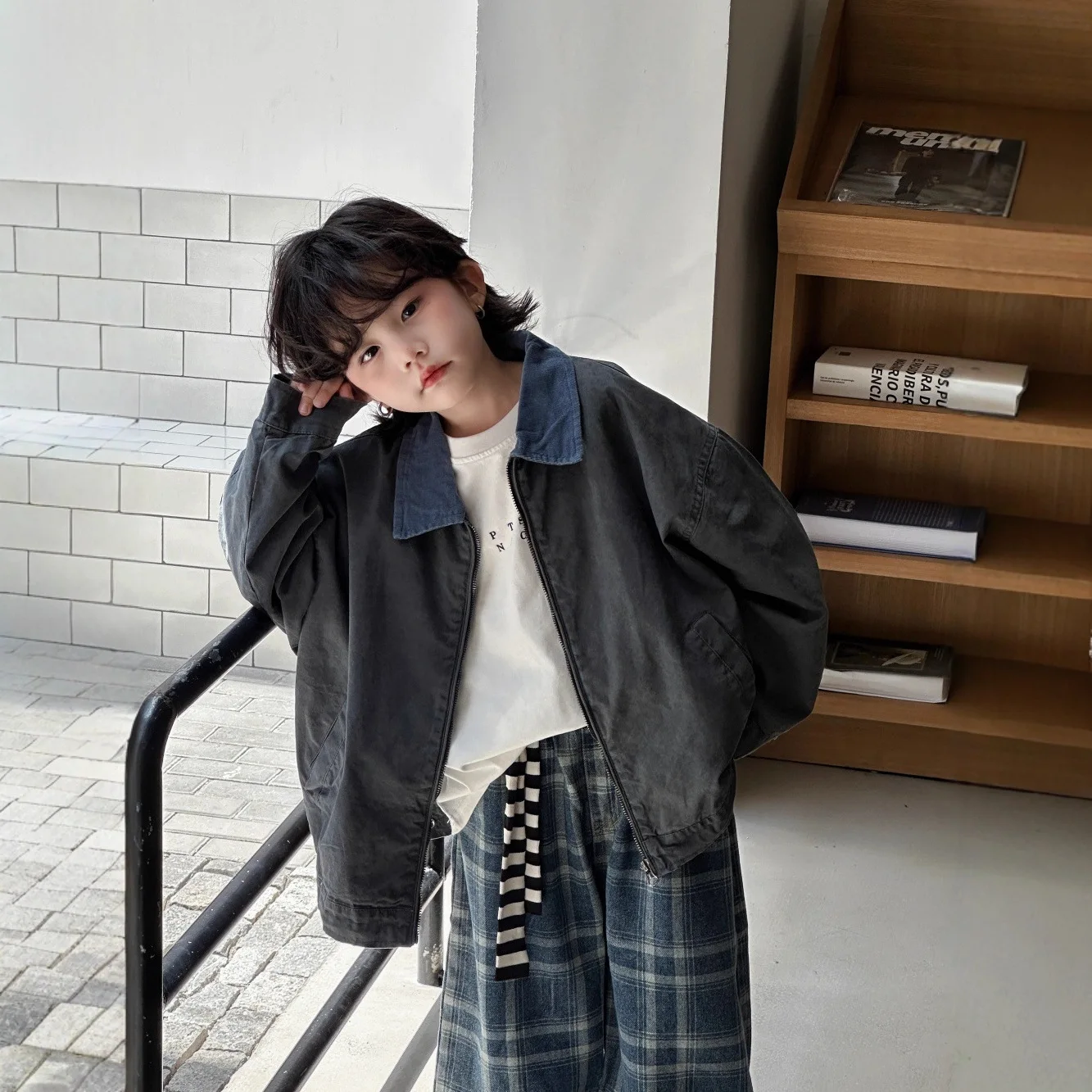 

Autumn New Jacket Coat Contrasting Color Lapel Medium Children's Retro Niche Solid Color Loose Jacket