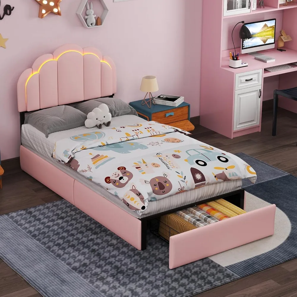 

Upholstered LED Bed Frame with Storage Drawer, Cute Girls Bed with Petal-Shaped Headboard, Velvet Princess Platform Bed Frame