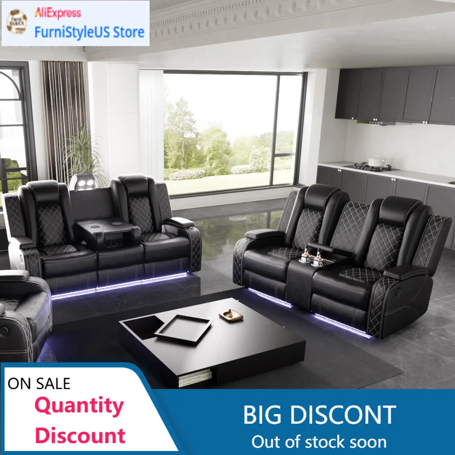 Power Recliner Sofa Set with LED Light for Living Room Furniture，Black Leather Reclining Sofa and Loveseat Set 3 Seater Sofa
