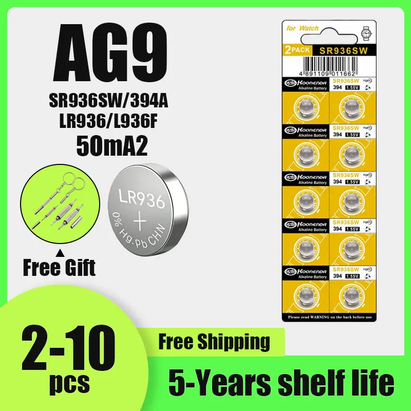 

1.55V 50mAh AG9 LR936 SR936S Coin Cell Battery 2-10PCS 394 CX194 LR45 G9A 194 394A SR936 L936F for Watch Toys Remote