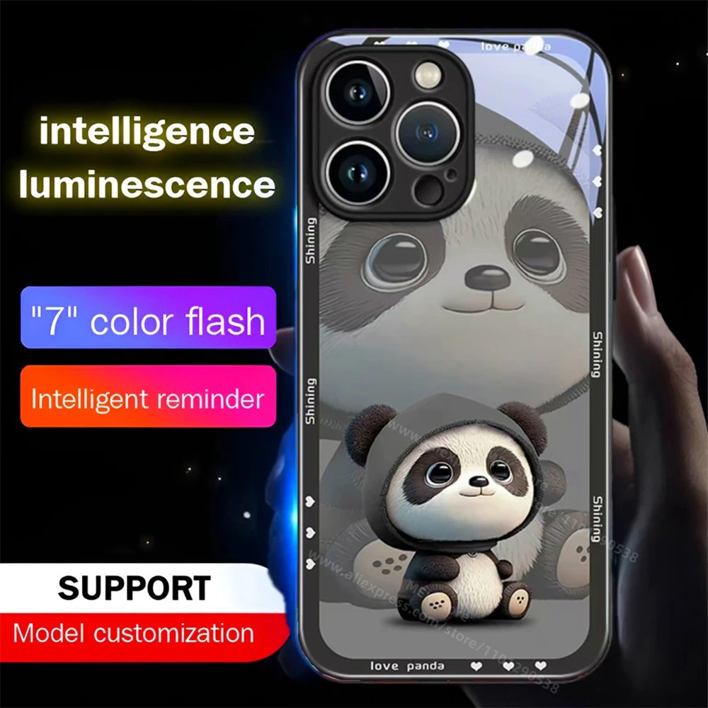 Smart Panda Baby Luminous Glass LED Call Light Up Flash Phone Case Cover For iPhone 16 15 14 13 12 11 Pro Max X XR Plus