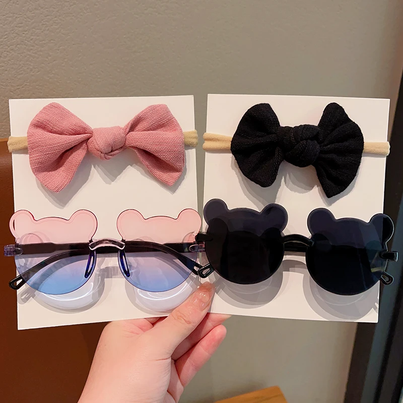 2 Pcs/Set Colors Soft Bowknot Wide Hairband Transparent Gradient Bear Shape Sunglasses Boys Girls Headwear Kids Hair Accessories