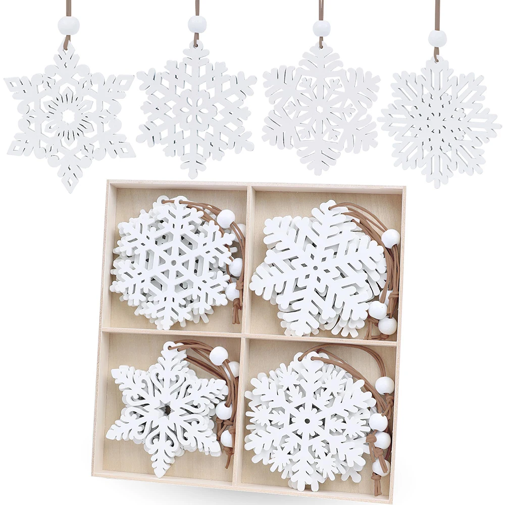 16 قطعة رقاقات الثلج الخشبية البيضاء حلي عيد الميلاد ندفة الثلج للحرف اليدوية زينة معلقة مع خيوط إكليل شجرة المنزل