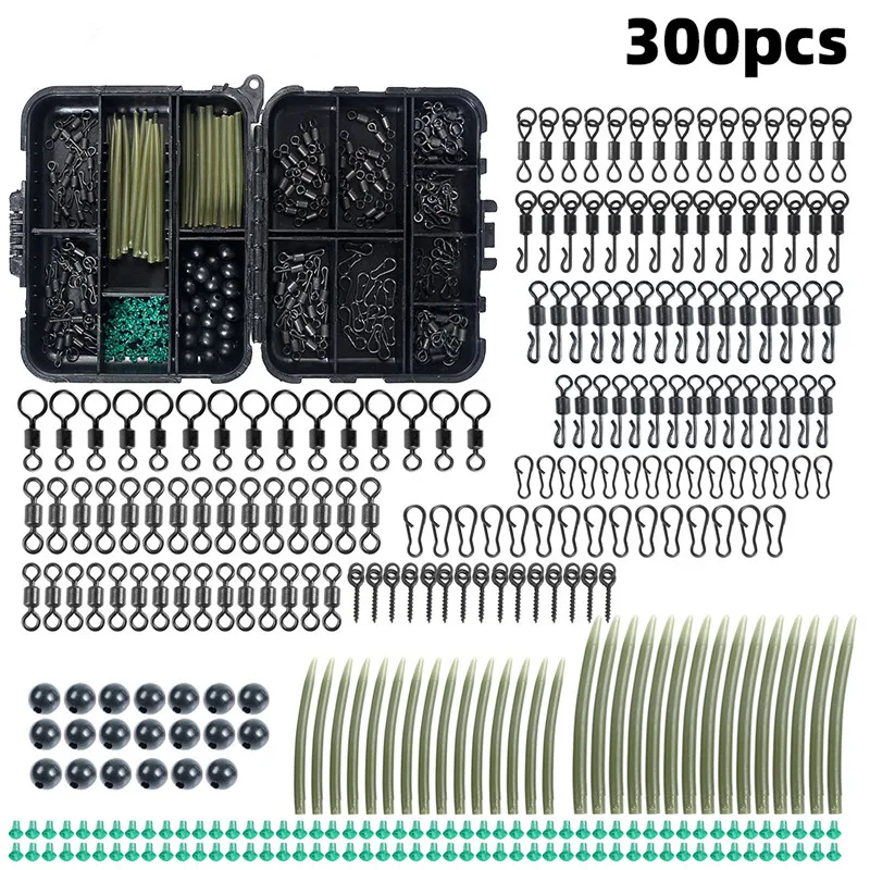 300個セット-コイ釣りアクセサリーキット-コイ釣りタックルセット-釣り道具-ルアー、ネジ、絡まり防止リンクスリーブ、フック付き