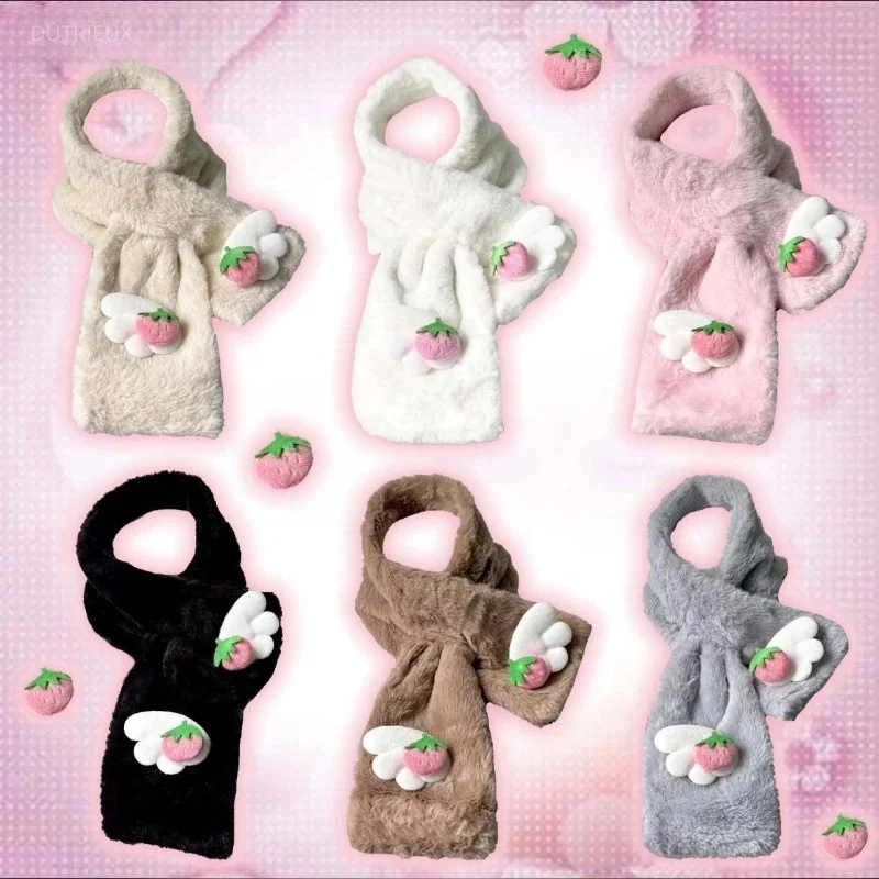 2026 Japanese Cross Girl Long Scarves Women Harajuku Furry Warm Cute Neckerchief Y2k Aesthetic Wing Strawberry Decorative Scarf