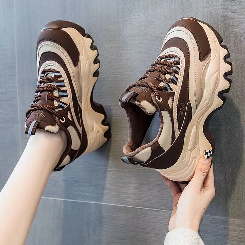 Women Casual Shoes 8CM Fashion Height Increasing Thick Bottom Spring Platform Leather Woman Chunky Sneakers zapatos de mujer