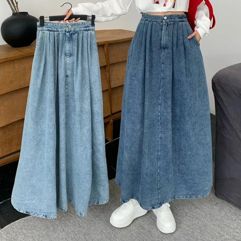 

TFETTERS 2025 Spring Autumn High Waist Denim Maxi Skirt for Women Pleated Loose Long Jeans Skirt with Pocket Vintage Half Dress