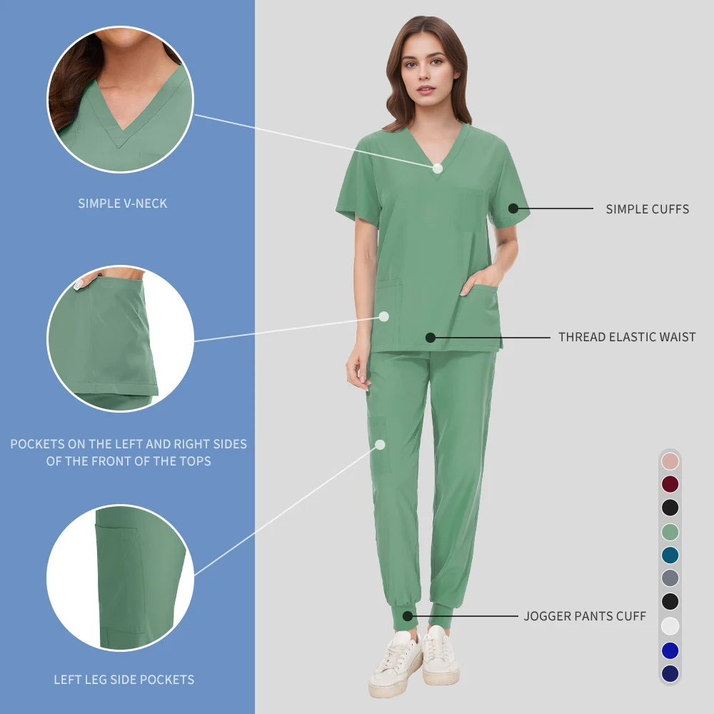 Multicolour Doctor Nursing Uniforms Jogger Suit Nurse Scrubs Sets Medical Clinical Clothes Short Sleeve V-neck Tops Pocket Pants