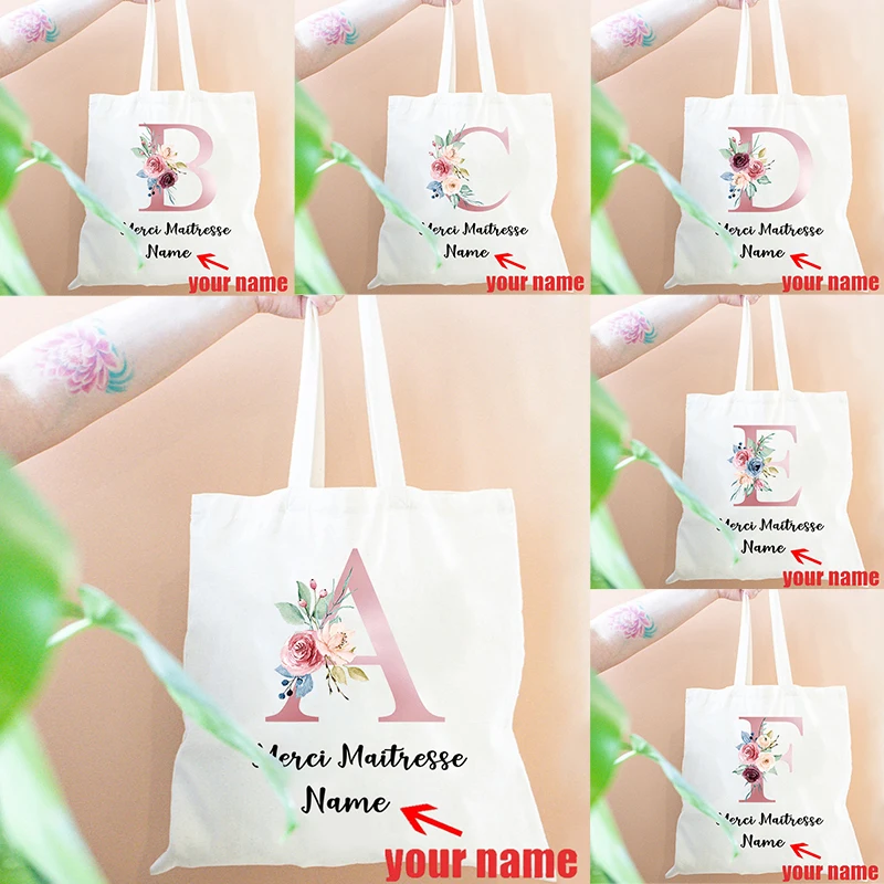 

Personalized with Name Pink Flowers Initial Letter Tote Bag Custom Name Monogrammed Shopping Bag for Women Handbags Shoulder Bag