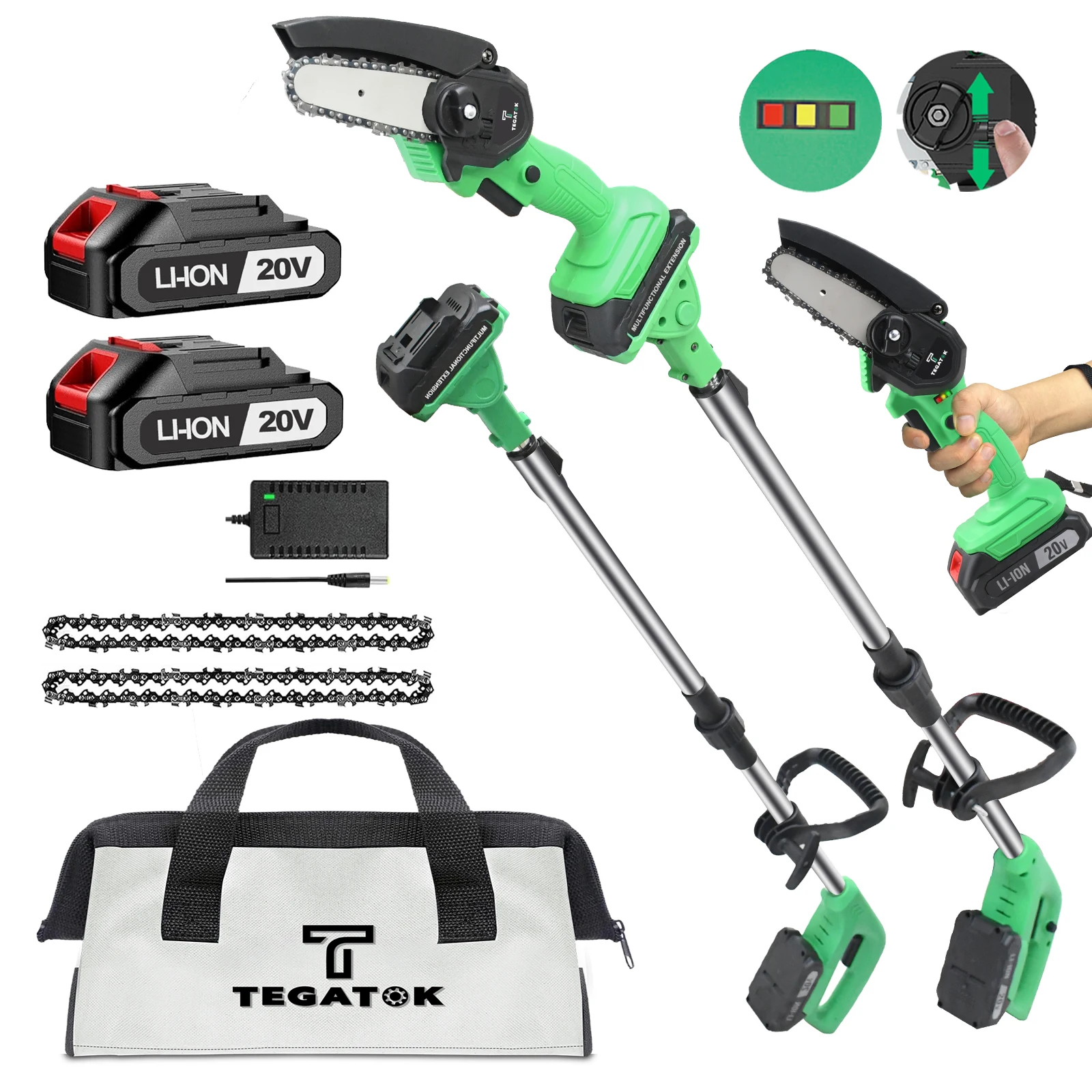 Tegatok 2-in-1 Mini Chain Saw，with 5.5 ft Extendable Rod，2 Batteries and 2 Chains，Cordless Pole Saw，Small Handheld Portable Chai