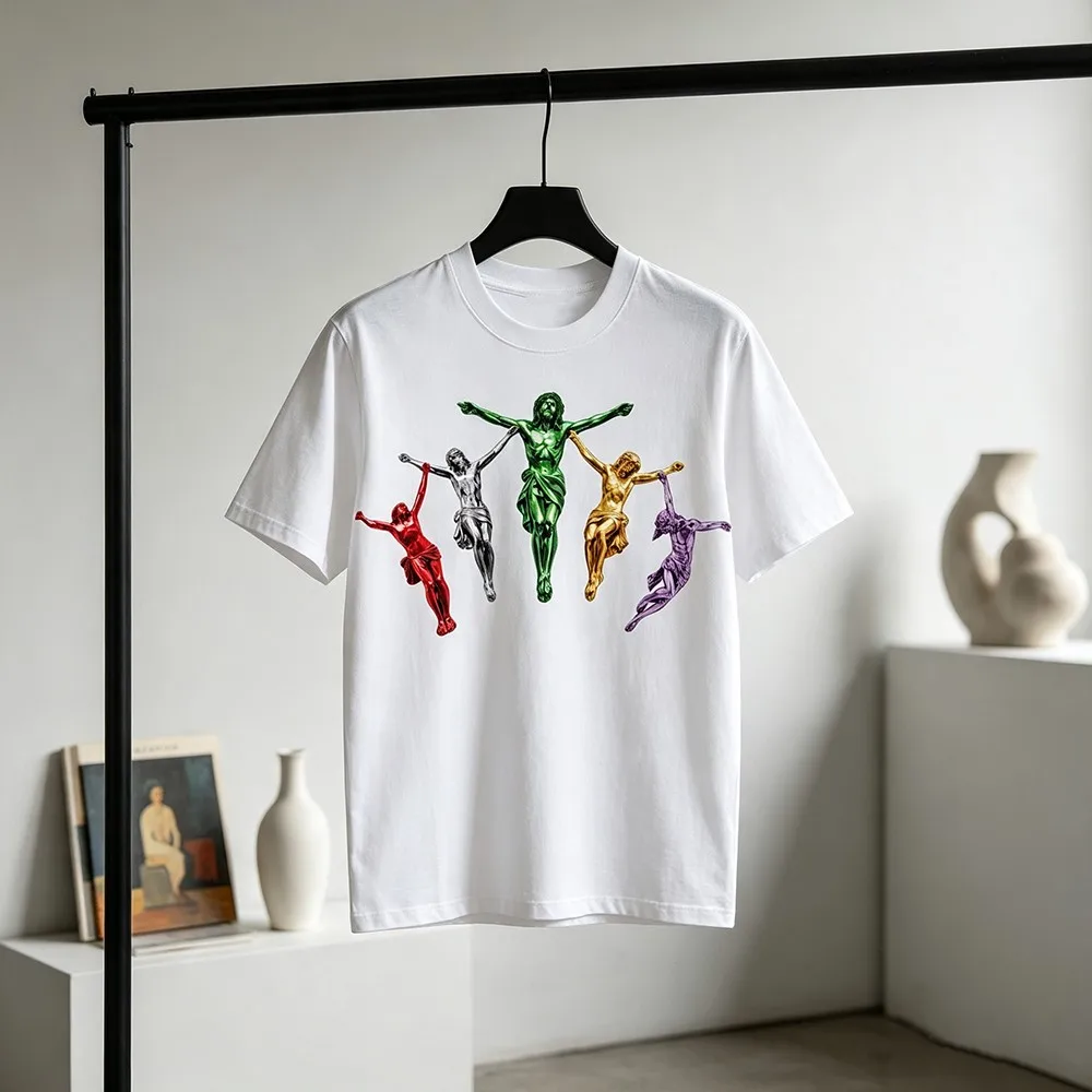 Colorful Art Sculpture Graphic T‑Shirt, Unisex Crew Neck Short Sleeve Tee, Multicolor Religious Statue Art Print Modern Aesthetic Casual Art Streetwear Tops party wear