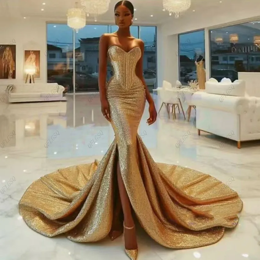 Shiny Sequins Prom Dresses Gold Couture Aso Ebi Wedding Second Dress Boning Lace Up African Sweetheart Prom Dress Mermaid Split