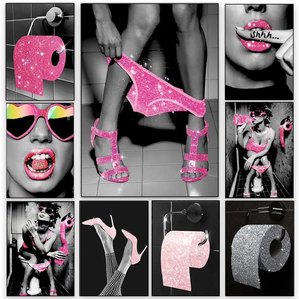 Fashion Sexy Woman Poster Print Girl Drinking Bar Canvas Painting Bling Toilet Roll Paper Picture Modern Wall Art Bathroom De