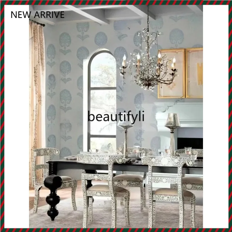 KK32  Retro American solid wood dining table French dining room rectangular black dining table light luxury carved conference