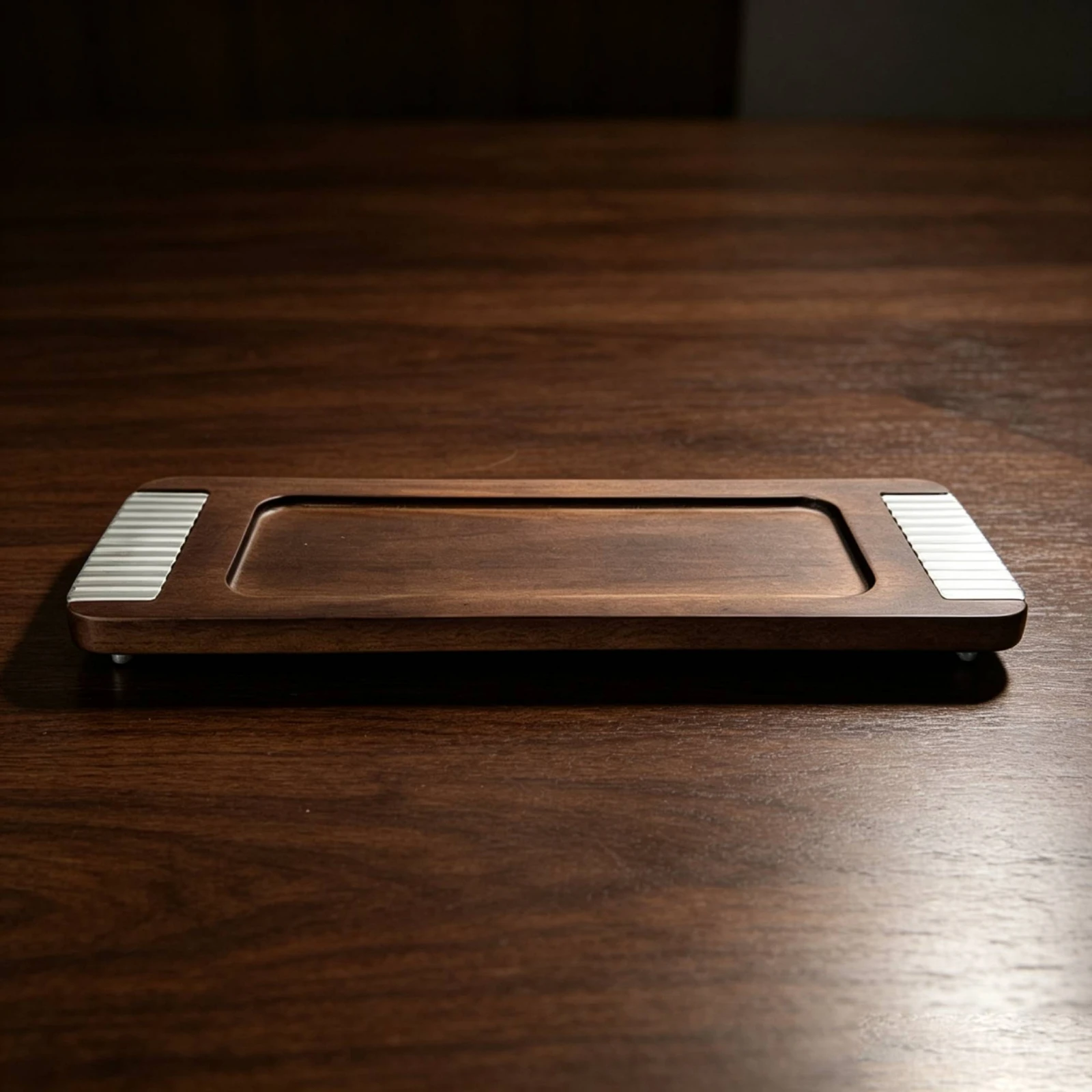 Decorative Tray with Silver Accents Slim Woodgrain Tray with Feet Elegant Sturdy for Coffee Table