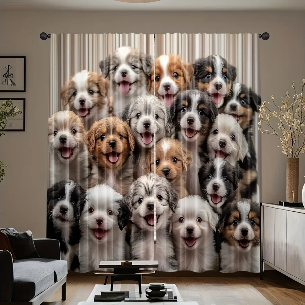 Aesthetic Dog Family Portrait Curtain Drapes Polyester Cute Puppy Prints Window Curtain Home Decor Modern Living Room Gift