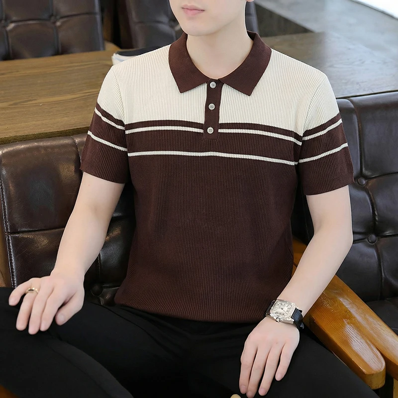 Contrast Color Knitted Men's Polo Shirts Short Sleeve Casual Icy Summer Quality Viscose Blend Stretchy Striped Camisas Masculina