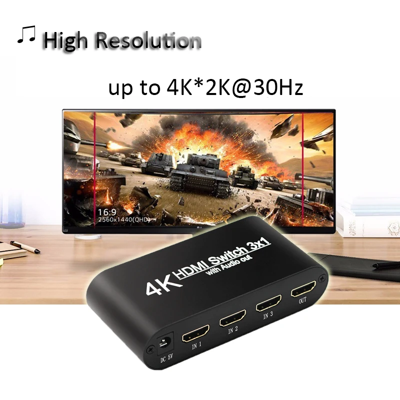 4K HDMI Switcher 3X1 3 untuk 1 1080P HDMI Ke HDMI Audio Extractor dengan Remote Audio SPDIF Out Untuk TV PC Proyektor Kamera