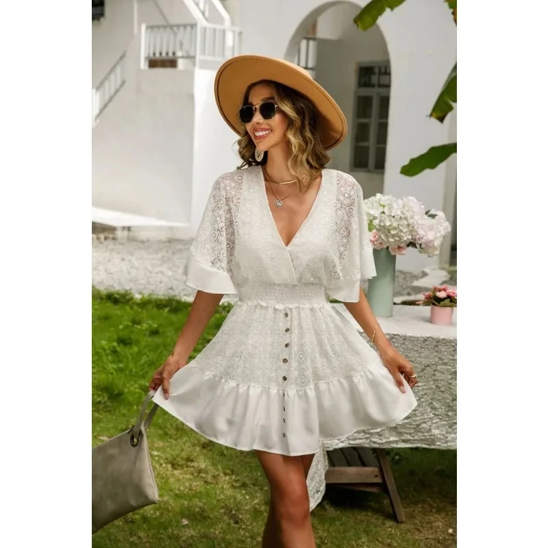

Women's Fashion Lace Splicing Bat Sleeve Solid Color Strap Dress Summer New Style